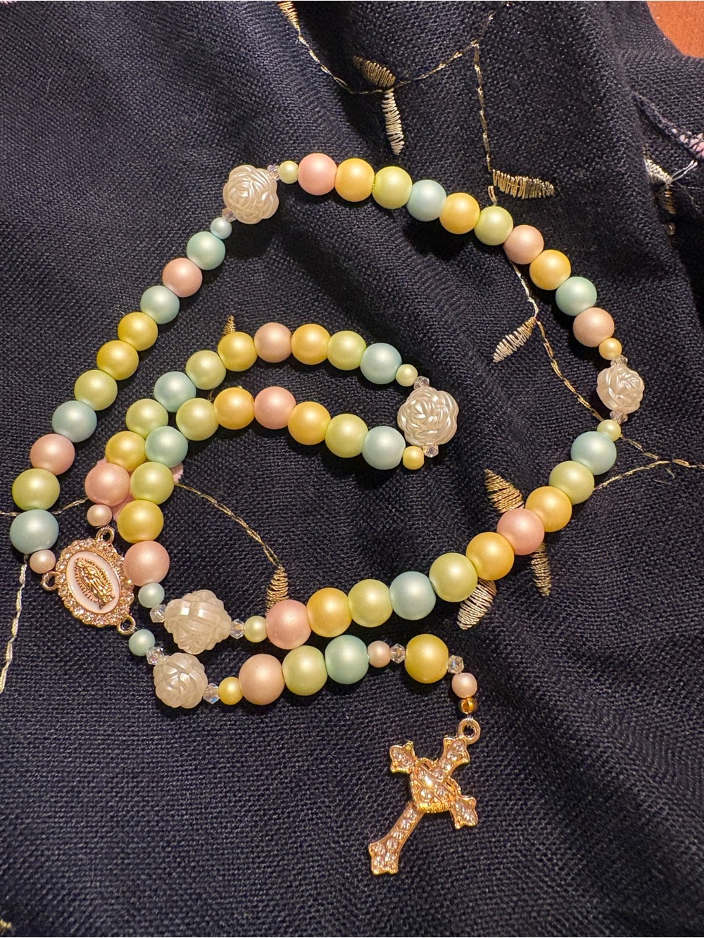 Pastel Multi-Color Rosary Necklace with Gold Cross